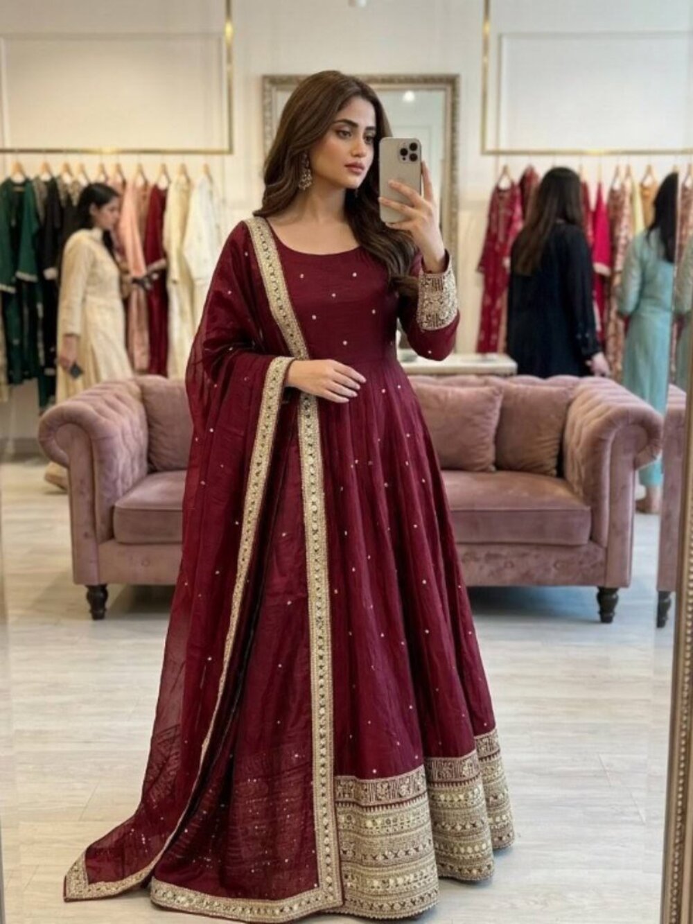 TENNECY Silk Satin with Embroidery 3/5mm Sequences Work Gwon & Pent & Dupatta Se